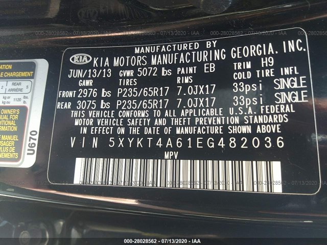 Photo 8 VIN: 5XYKT4A61EG482036 - KIA SORENTO 