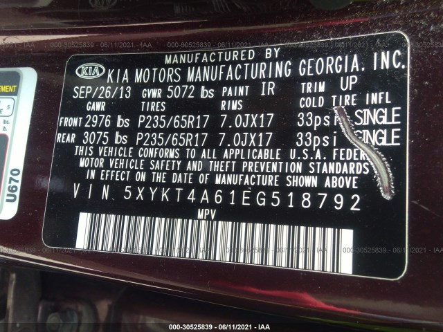 Photo 8 VIN: 5XYKT4A61EG518792 - KIA SORENTO 