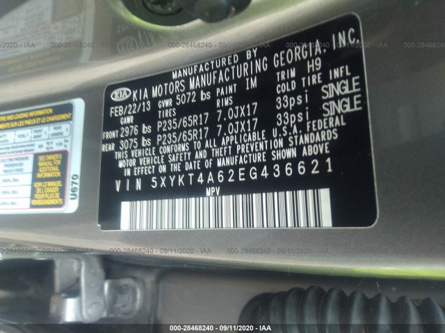 Photo 8 VIN: 5XYKT4A62EG436621 - KIA SORENTO 