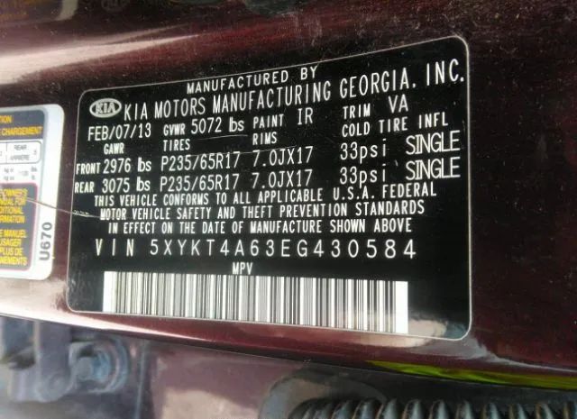 Photo 8 VIN: 5XYKT4A63EG430584 - KIA SORENTO 