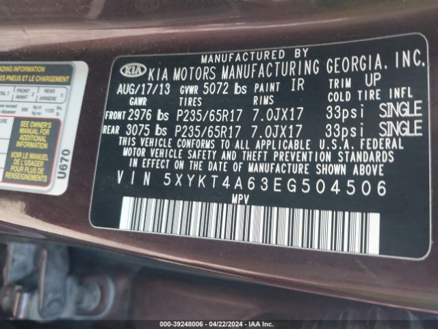 Photo 8 VIN: 5XYKT4A63EG504506 - KIA SORENTO 