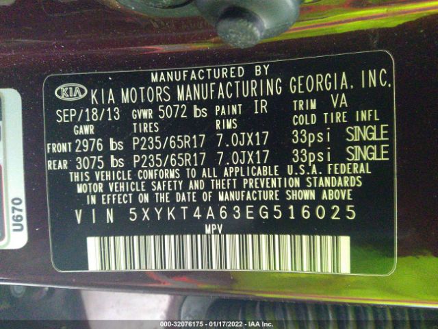 Photo 8 VIN: 5XYKT4A63EG516025 - KIA SORENTO 