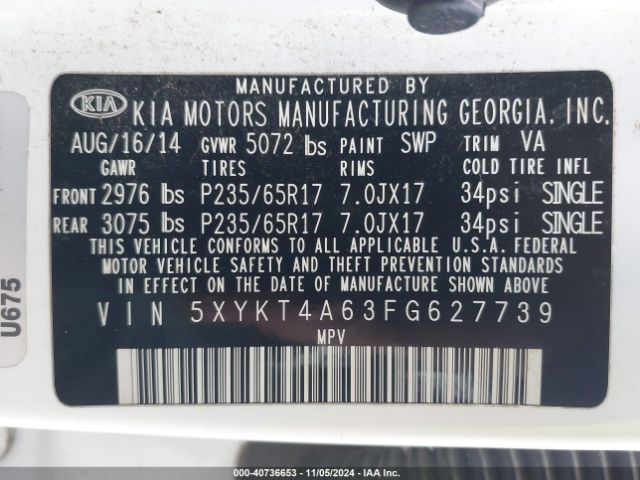 Photo 8 VIN: 5XYKT4A63FG627739 - KIA SORENTO 