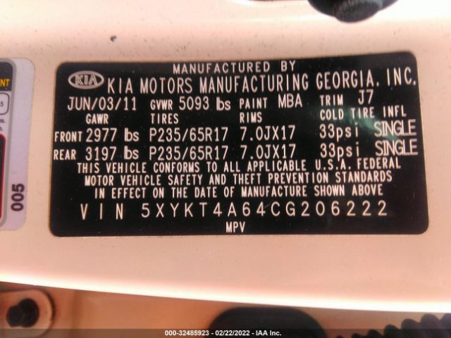 Photo 8 VIN: 5XYKT4A64CG206222 - KIA SORENTO 