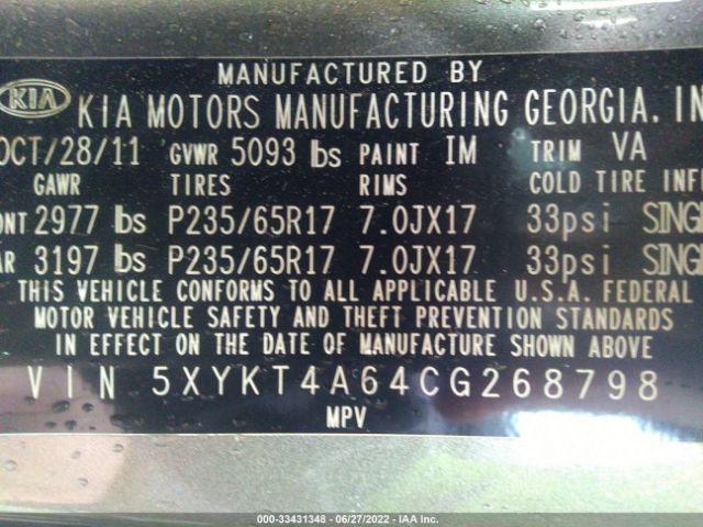 Photo 8 VIN: 5XYKT4A64CG268798 - KIA SORENTO 