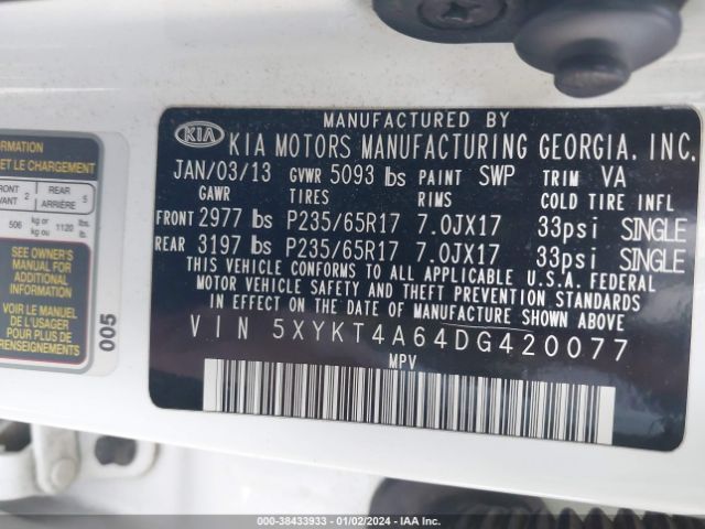 Photo 8 VIN: 5XYKT4A64DG420077 - KIA SORENTO 