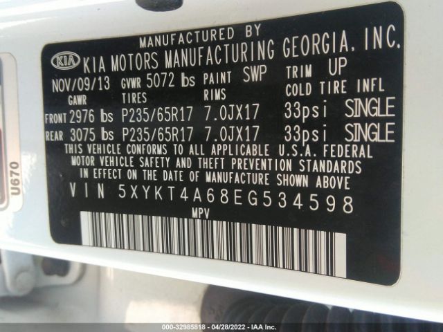 Photo 8 VIN: 5XYKT4A68EG534598 - KIA SORENTO 