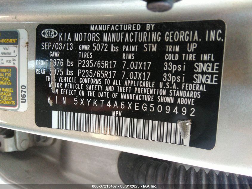 Photo 8 VIN: 5XYKT4A6XEG509492 - KIA SORENTO 