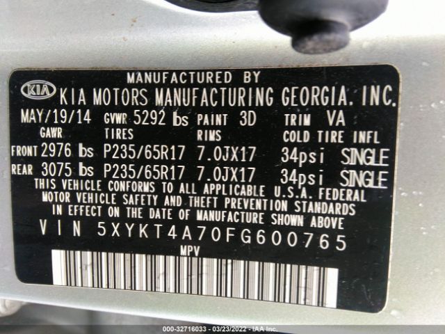 Photo 8 VIN: 5XYKT4A70FG600765 - KIA SORENTO 