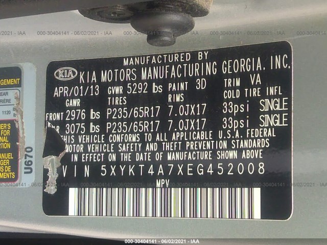 Photo 8 VIN: 5XYKT4A7XEG452008 - KIA SORENTO 