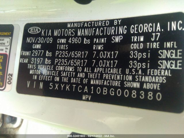 Photo 8 VIN: 5XYKTCA10BG008380 - KIA SORENTO 