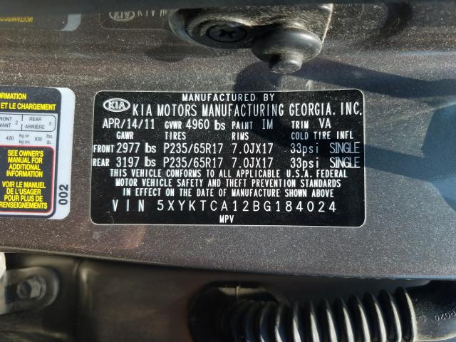 Photo 9 VIN: 5XYKTCA12BG184024 - KIA SORENTO 