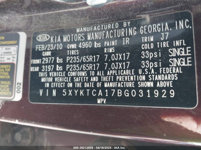 Photo 8 VIN: 5XYKTCA17BG031929 - KIA SORENTO 