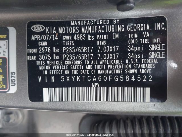 Photo 8 VIN: 5XYKTCA60FG584522 - KIA SORENTO 