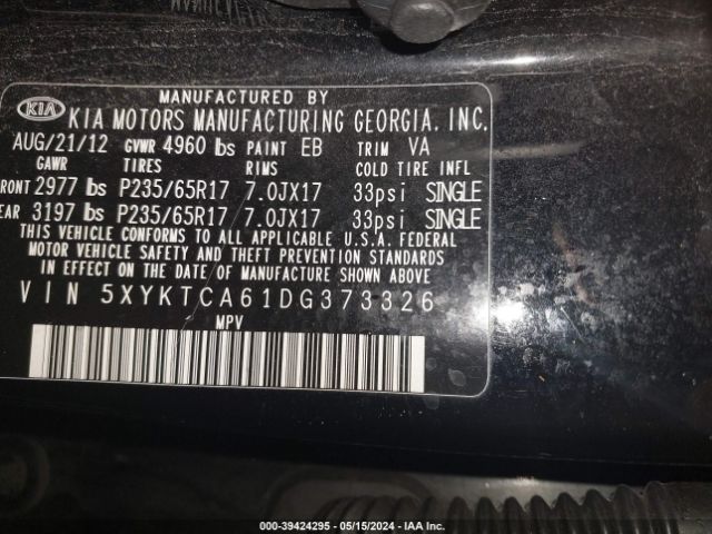 Photo 8 VIN: 5XYKTCA61DG373326 - KIA SORENTO 