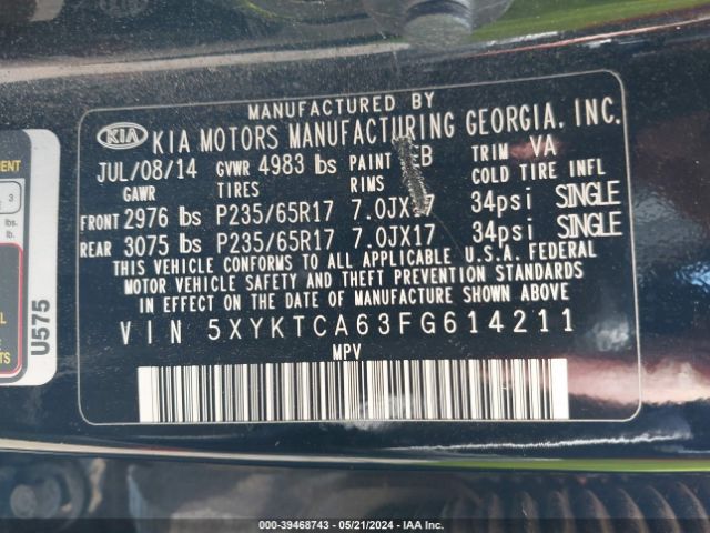 Photo 8 VIN: 5XYKTCA63FG614211 - KIA SORENTO 