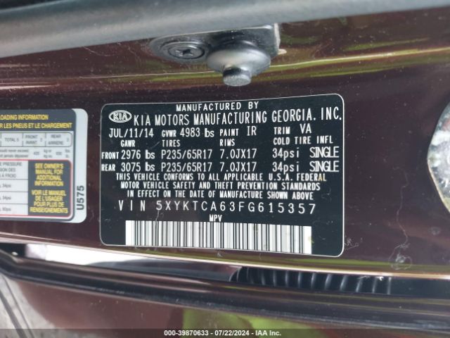 Photo 8 VIN: 5XYKTCA63FG615357 - KIA SORENTO 