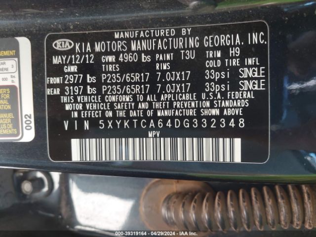 Photo 8 VIN: 5XYKTCA64DG332348 - KIA SORENTO LX 