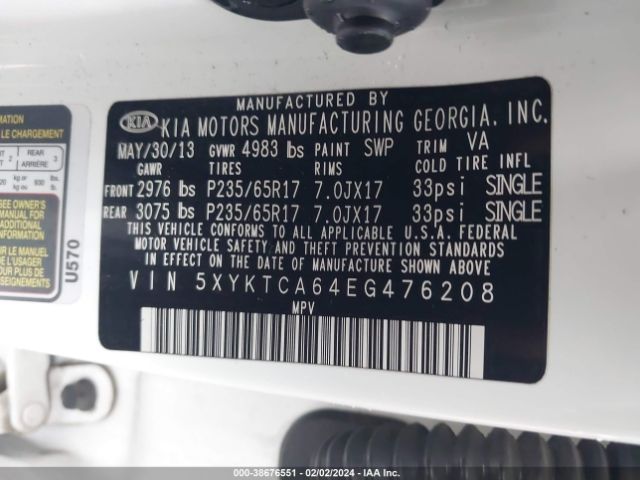 Photo 8 VIN: 5XYKTCA64EG476208 - KIA SORENTO 