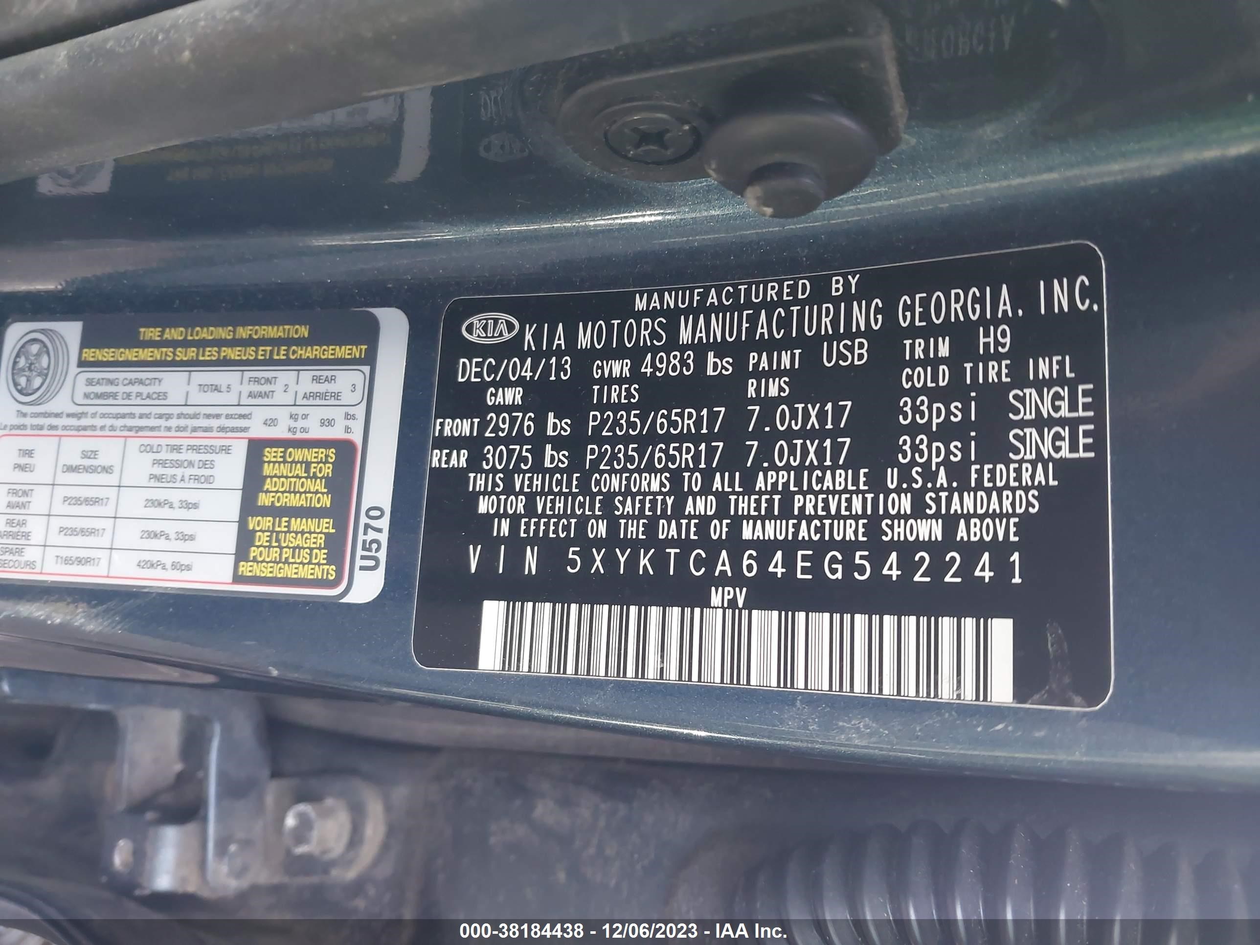 Photo 8 VIN: 5XYKTCA64EG542241 - KIA SORENTO 