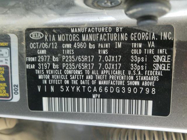 Photo 9 VIN: 5XYKTCA66DG390798 - KIA SORENTO LX 