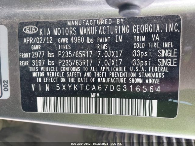 Photo 8 VIN: 5XYKTCA67DG316564 - KIA SORENTO 