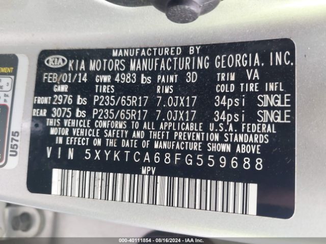 Photo 8 VIN: 5XYKTCA68F6559688 - KIA SORENTO 