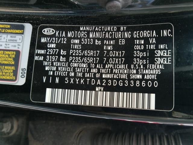 Photo 9 VIN: 5XYKTDA23DG338600 - KIA SORENTO LX 