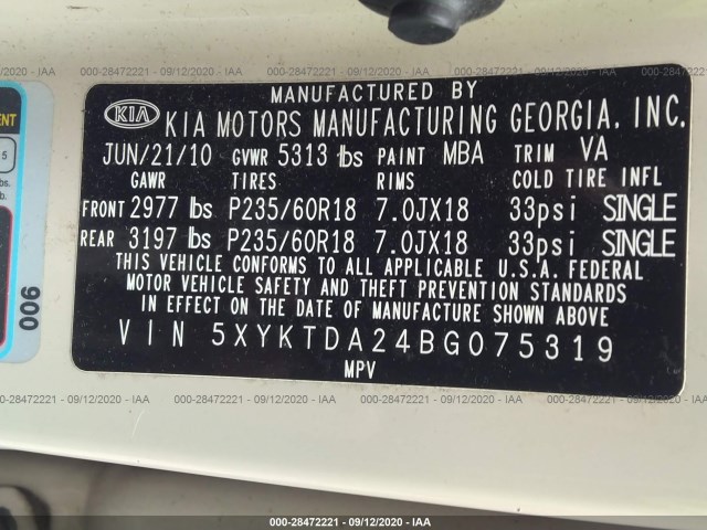 Photo 8 VIN: 5XYKTDA24BG075319 - KIA SORENTO 