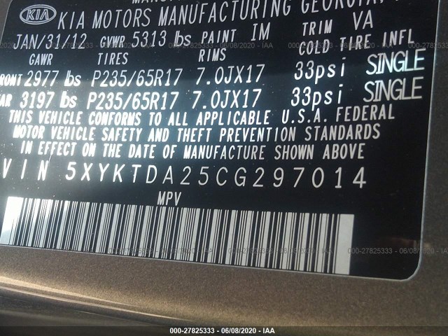 Photo 8 VIN: 5XYKTDA25CG297014 - KIA SORENTO 