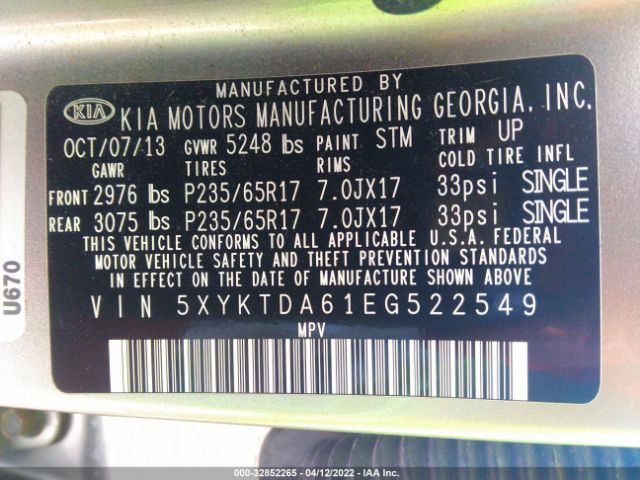 Photo 8 VIN: 5XYKTDA61EG522549 - KIA SORENTO 