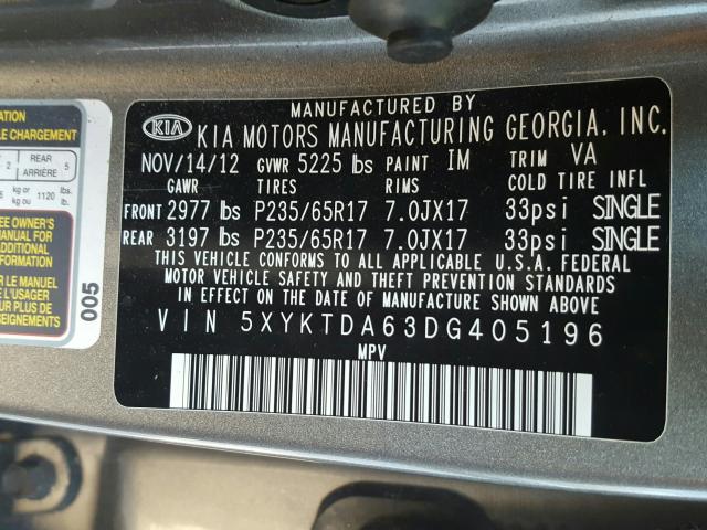 Photo 9 VIN: 5XYKTDA63DG405196 - KIA SORENTO LX 