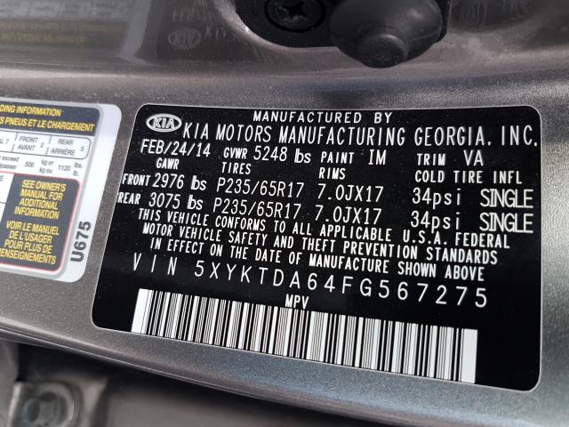 Photo 9 VIN: 5XYKTDA64FG567275 - KIA SORENTO LX 