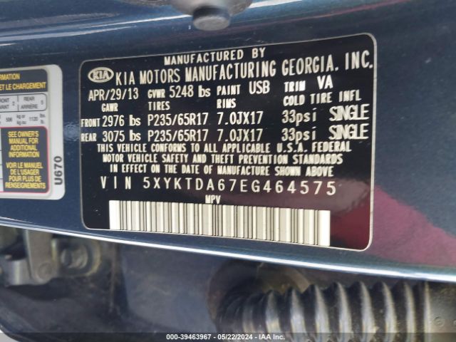 Photo 8 VIN: 5XYKTDA67EG464575 - KIA SORENTO 