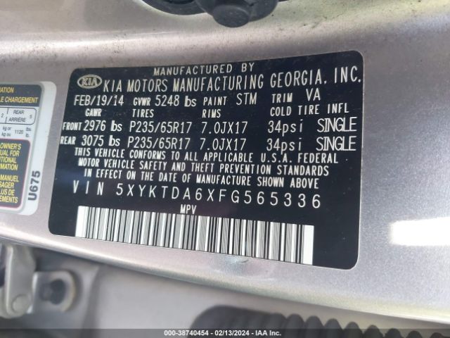 Photo 8 VIN: 5XYKTDA6XFG565336 - KIA SORENTO 