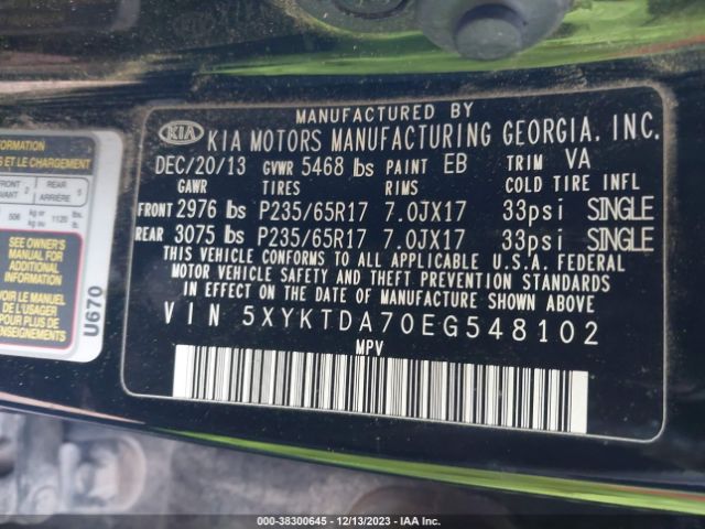 Photo 8 VIN: 5XYKTDA70EG548102 - KIA SORENTO 