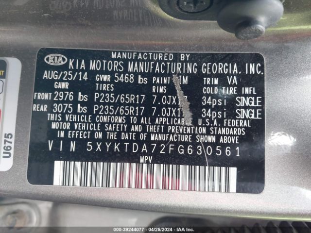 Photo 8 VIN: 5XYKTDA72FG630561 - KIA SORENTO 