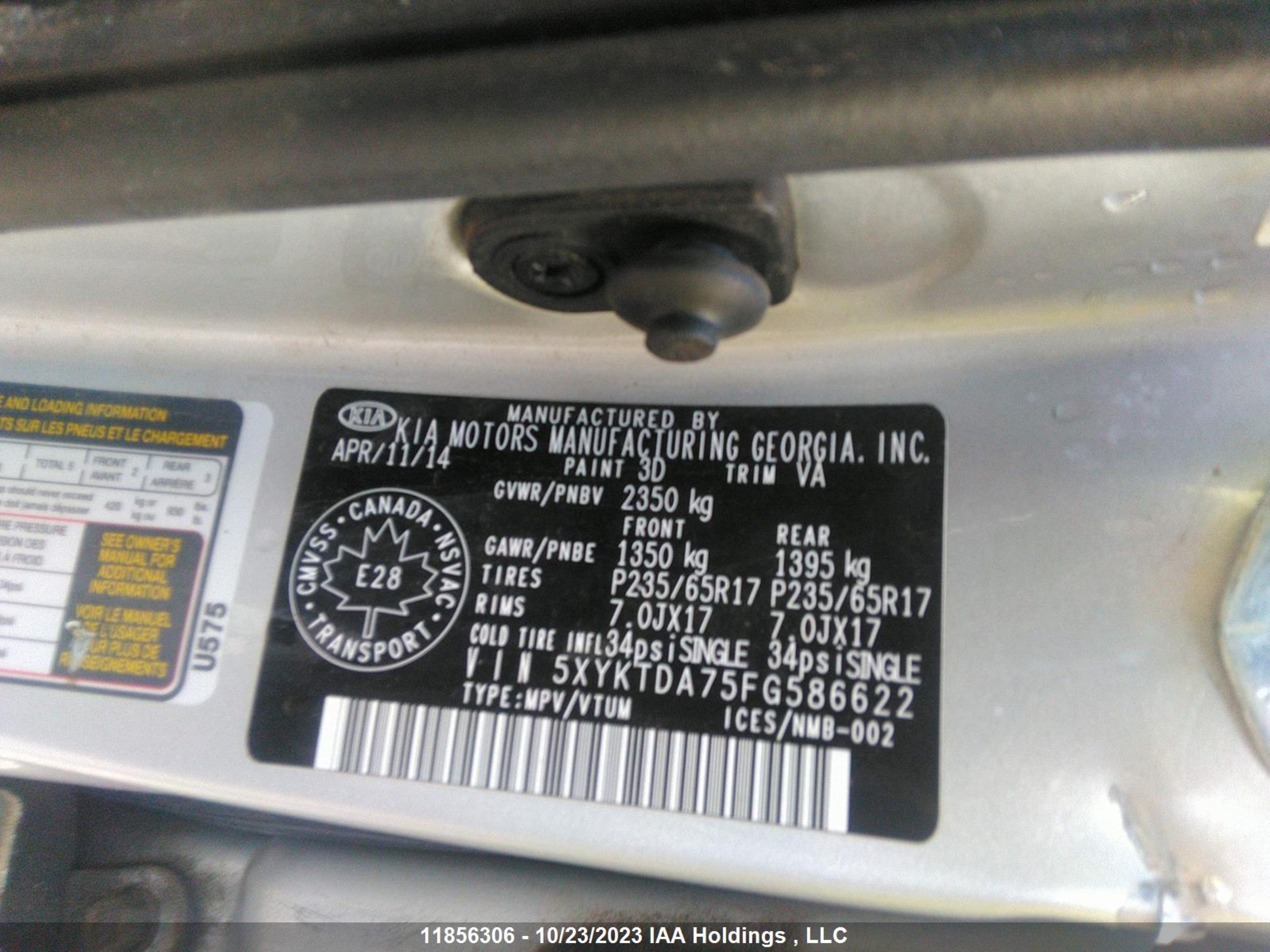 Photo 8 VIN: 5XYKTDA75FG586622 - KIA SORENTO 