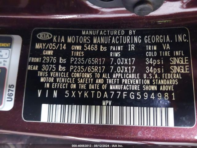 Photo 8 VIN: 5XYKTDA77FG594981 - KIA SORENTO 