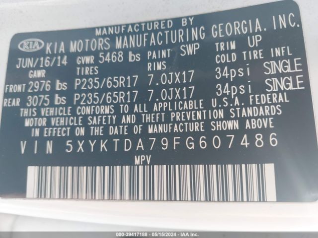 Photo 8 VIN: 5XYKTDA79FG607486 - KIA SORENTO 