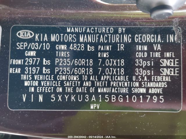 Photo 8 VIN: 5XYKU3A15BG101795 - KIA SORENTO 