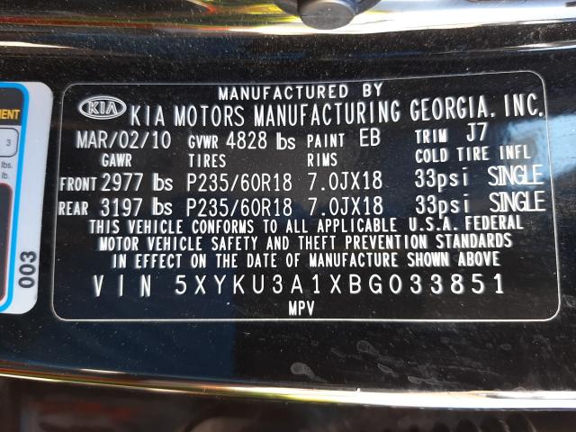 Photo 9 VIN: 5XYKU3A1XBG033851 - KIA SORENTO EX 