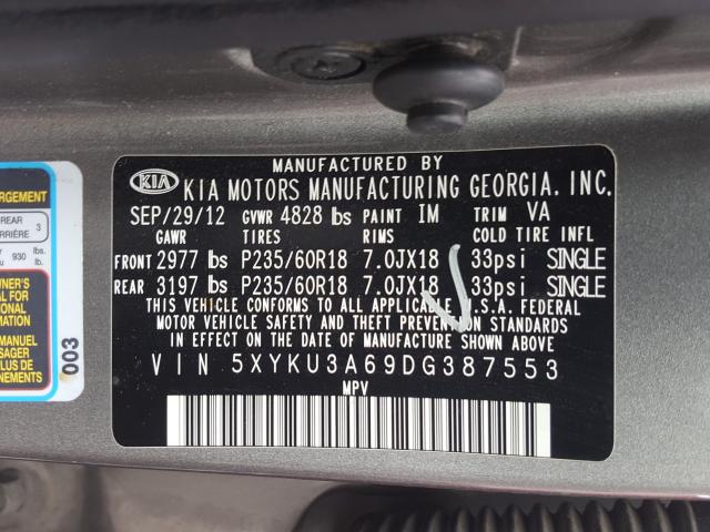 Photo 9 VIN: 5XYKU3A69DG387553 - KIA SORENTO EX 