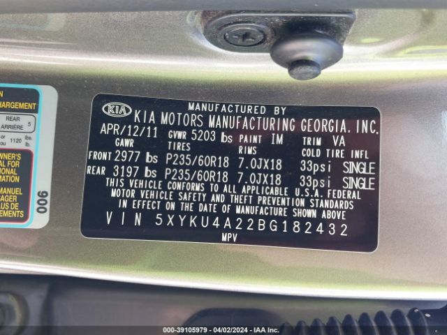 Photo 8 VIN: 5XYKU4A22BG182432 - KIA SORENTO 