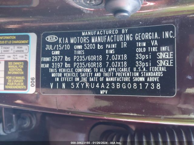 Photo 8 VIN: 5XYKU4A23BG081738 - KIA SORENTO 