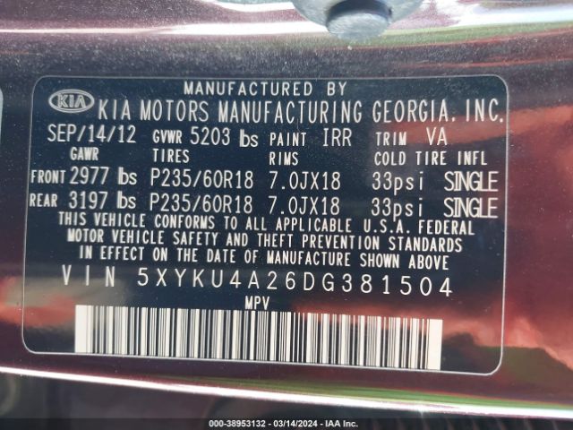 Photo 8 VIN: 5XYKU4A26DG381504 - KIA SORENTO 