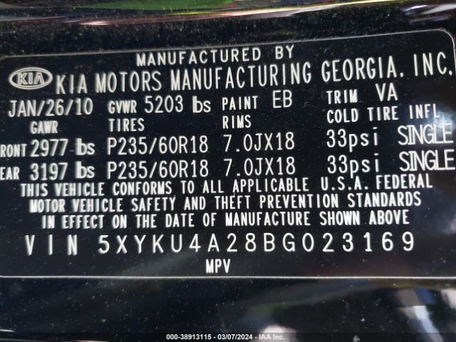 Photo 8 VIN: 5XYKU4A28BG023169 - KIA SORENTO 