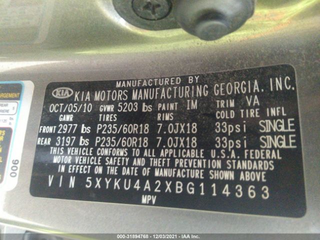 Photo 8 VIN: 5XYKU4A2XBG114363 - KIA SORENTO 