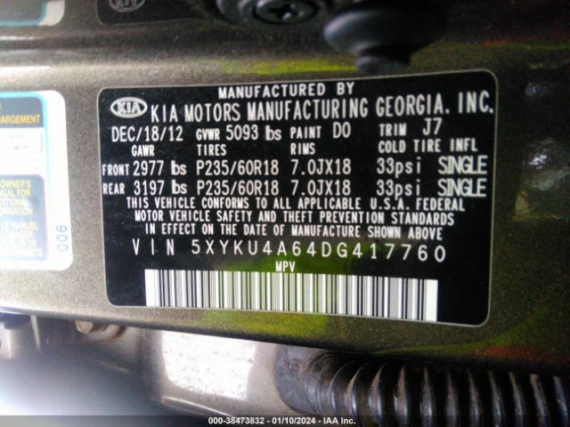 Photo 8 VIN: 5XYKU4A64DG417760 - KIA SORENTO 