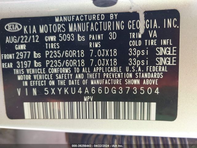 Photo 8 VIN: 5XYKU4A66DG373504 - KIA SORENTO 